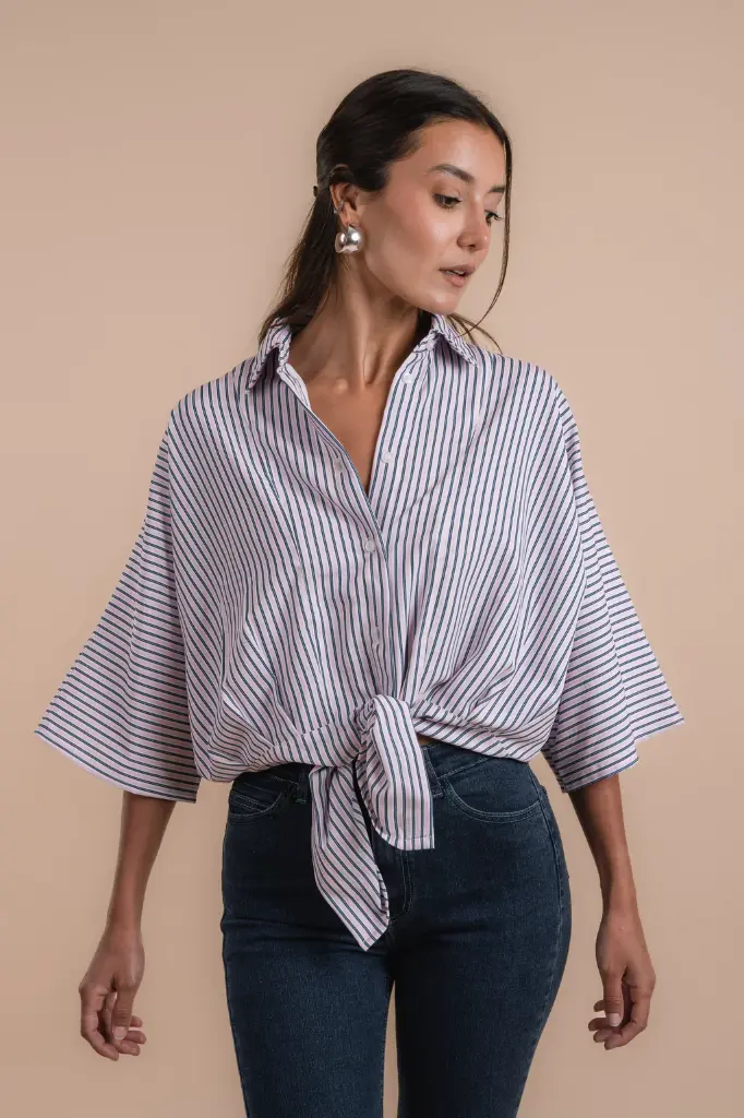 pink & navy tye stripes shirt 
